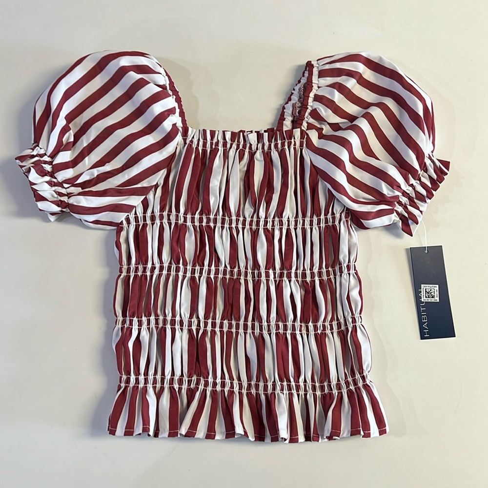*NWT Habitual Girls Striped Smocked Neck Sleeve Top Dark Red White Sz 10